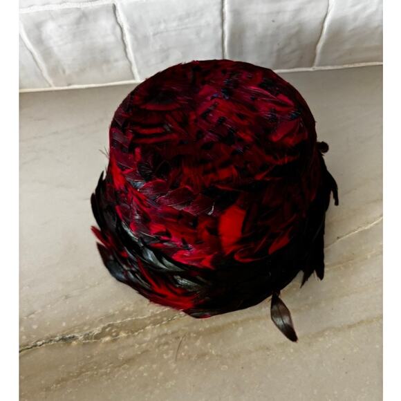 Vintage Chapeaux Louise Red Black Feather Pillbox Cocktail Hat Fascinator main image 6
